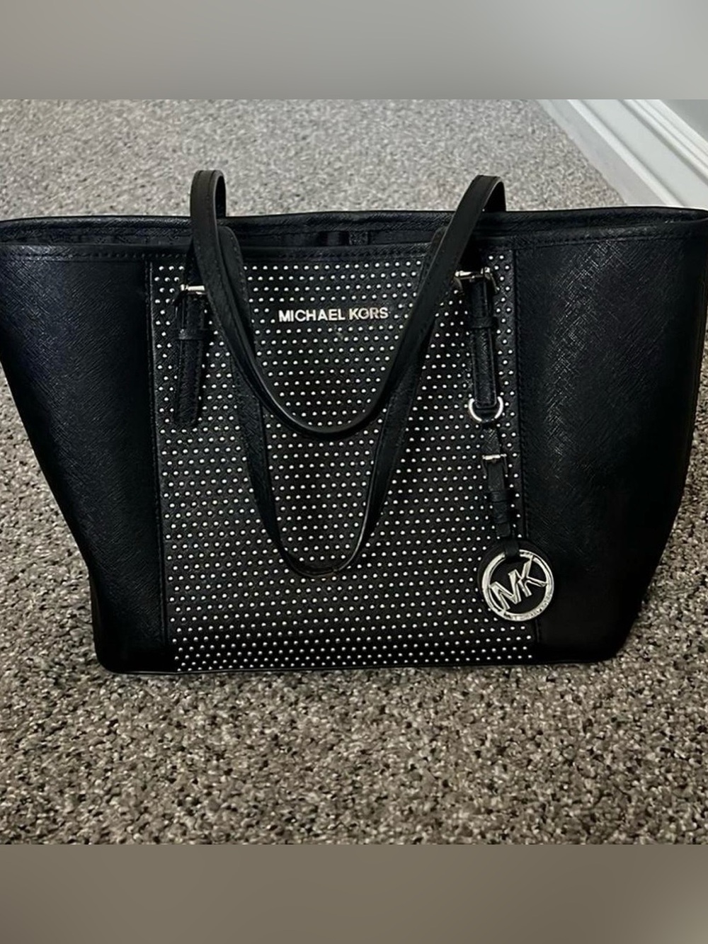 Michael Kors Black Studded Tote with Silver MK Charm